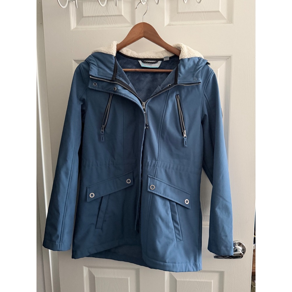 Free Country Womens Blue Softshell Jacket Faux Shearling Hood Fleece Lined PM